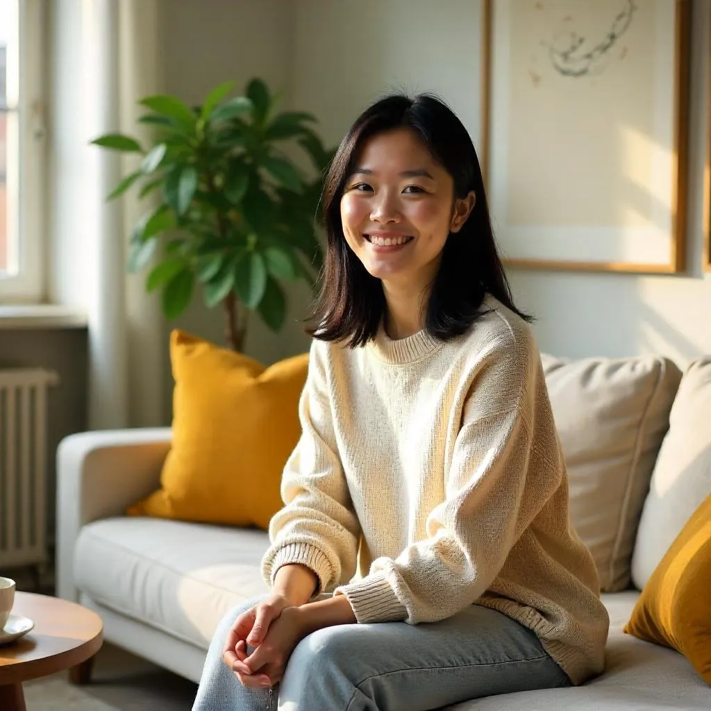 Cheerful Asian Woman in a Cozy Living Room