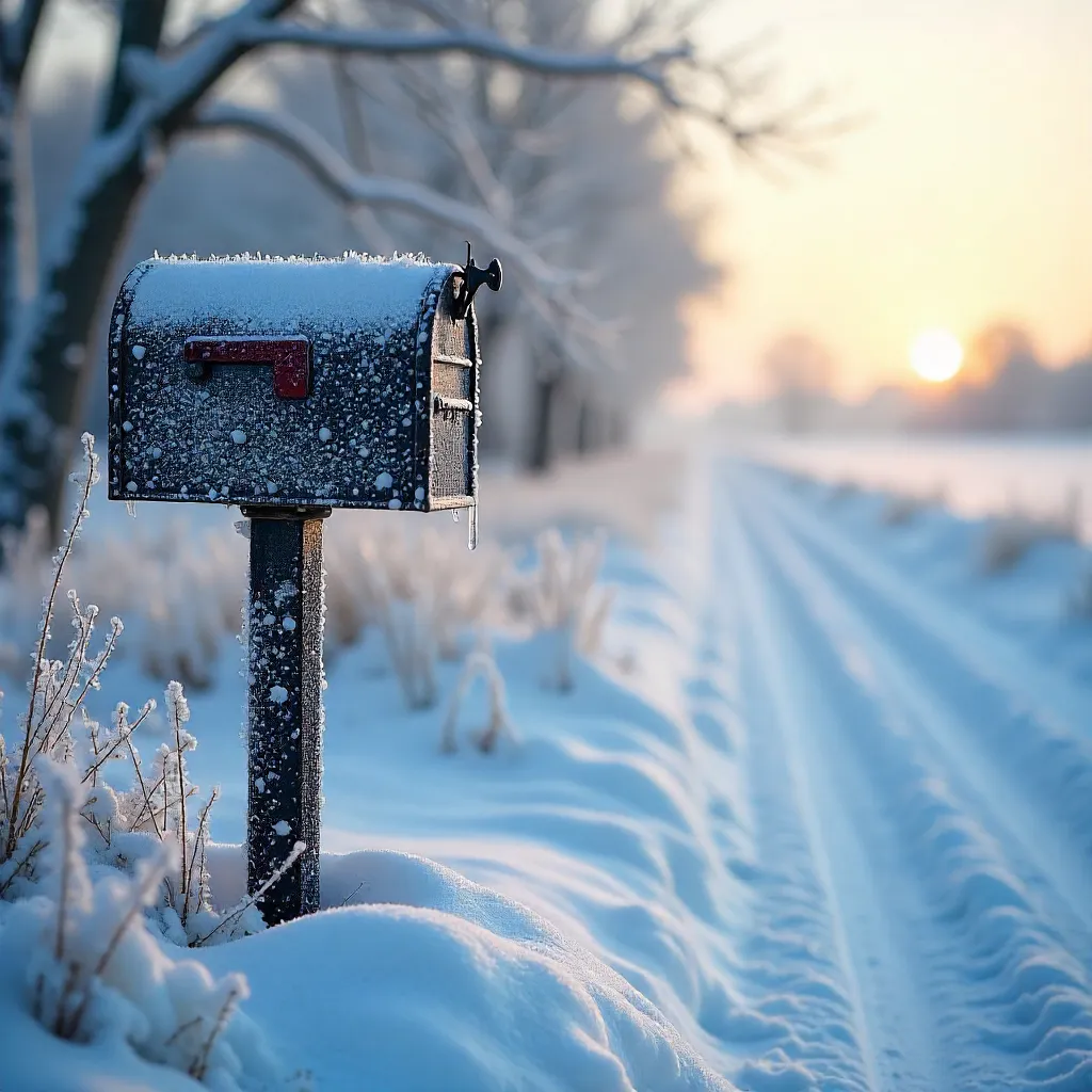 Winter Serenity: Frost-Covered Mailbox in Quiet Snow
