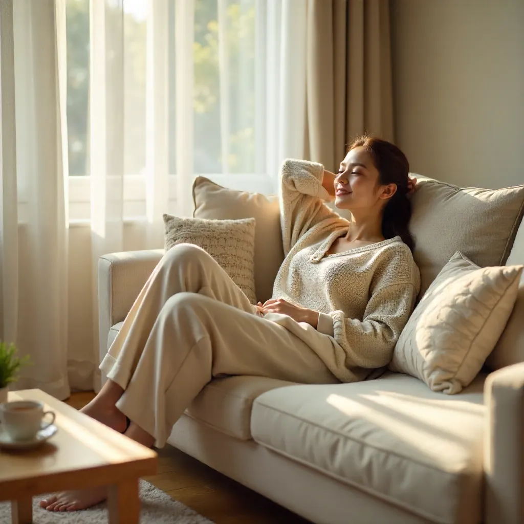 Cozy Serenity: Young Woman Relaxing on a Sofa