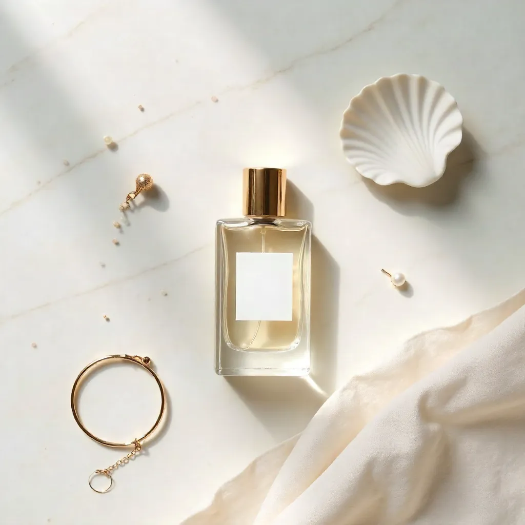 Minimalist Flat Lay: Perfume, Shell & Accessories