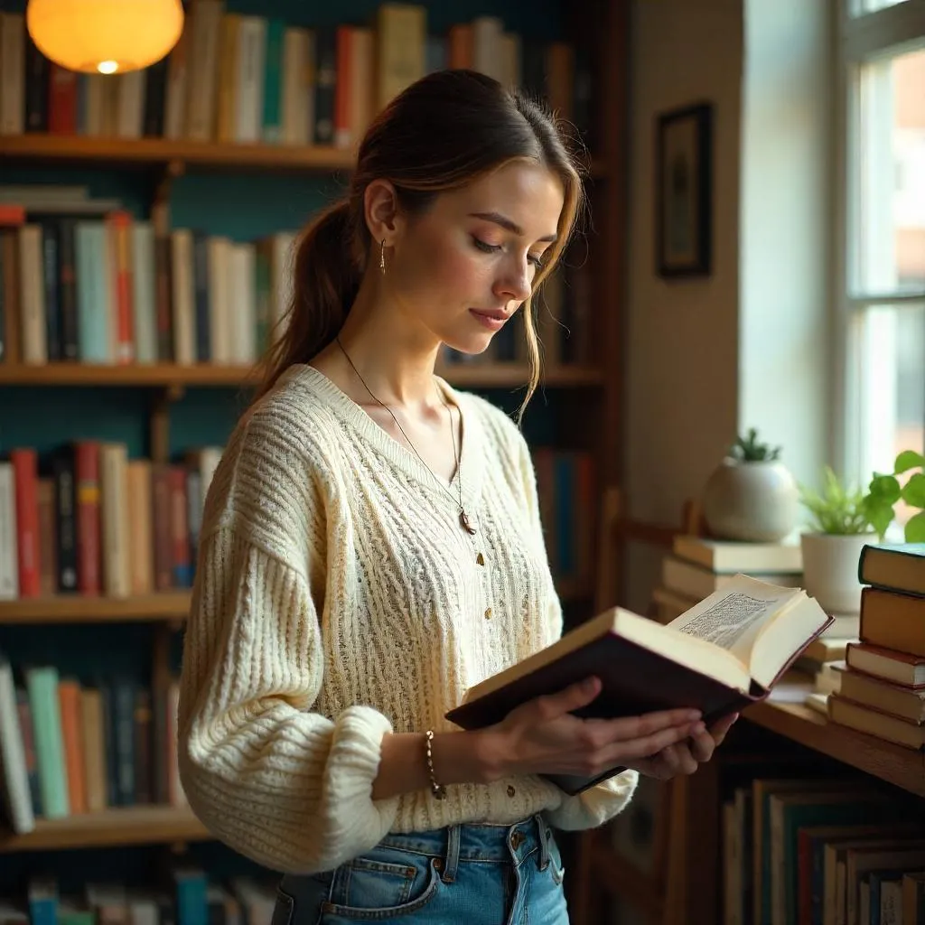 Photorealistic Woman in a Bookstore