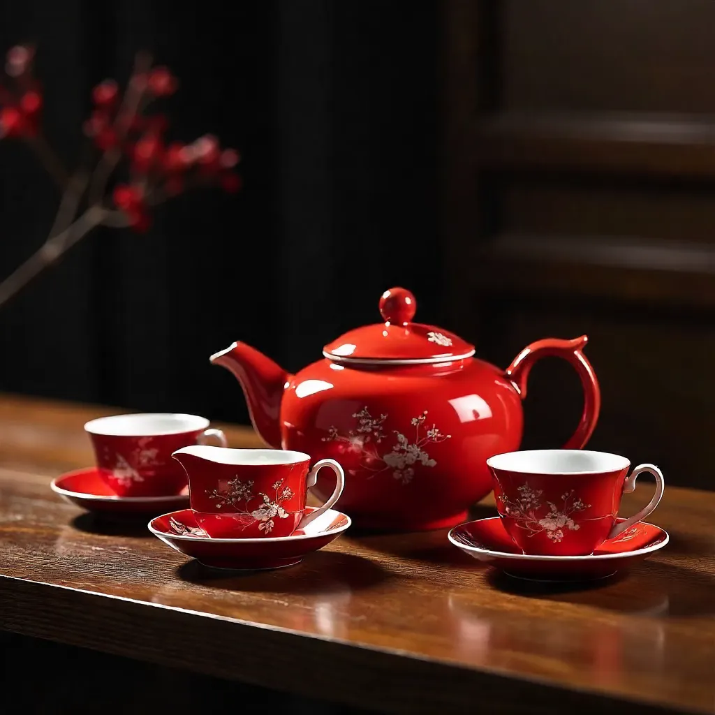 Elegant Red-and-White Chinese Teapot Set on Dark Wood Table