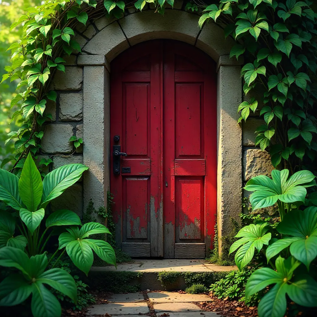 Old Red Door Framed by Lush Greenery in a Serene Garden