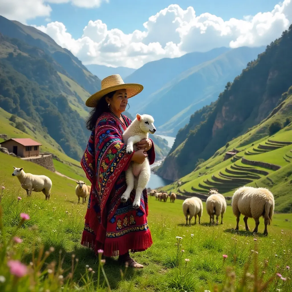 Andean Woman with Lamb in Huánuco Highlands