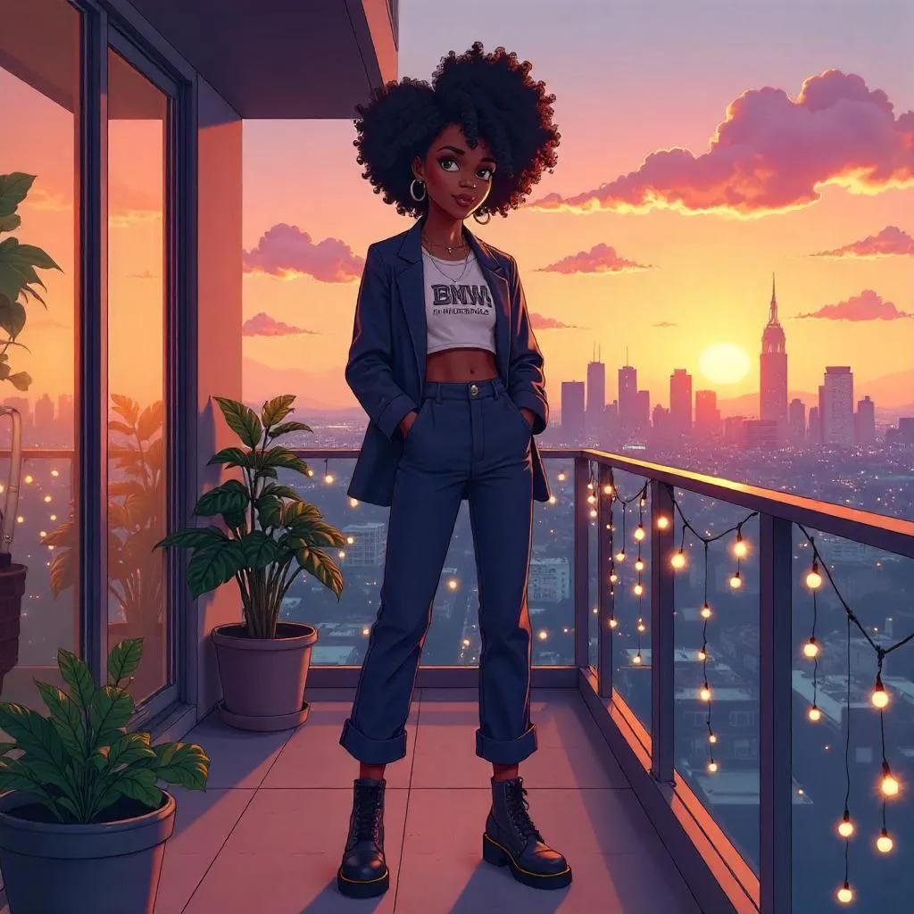 Balcony Chic: Anime-Style Black Girl Portrait