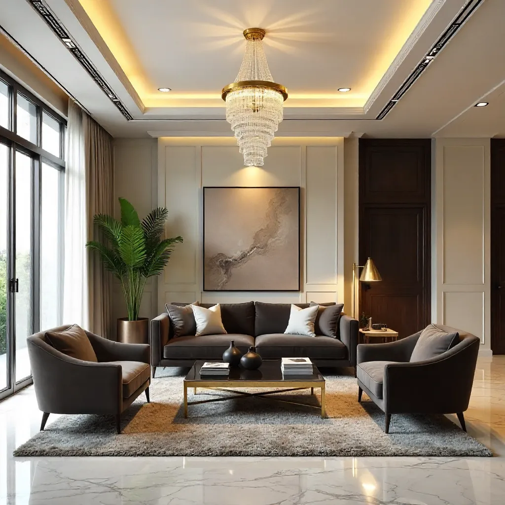 Opulent Modern Living Room with Crystal Chandelier