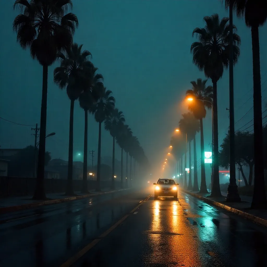 Foggy Los Angeles Night: Silhouettes & Streetlights
