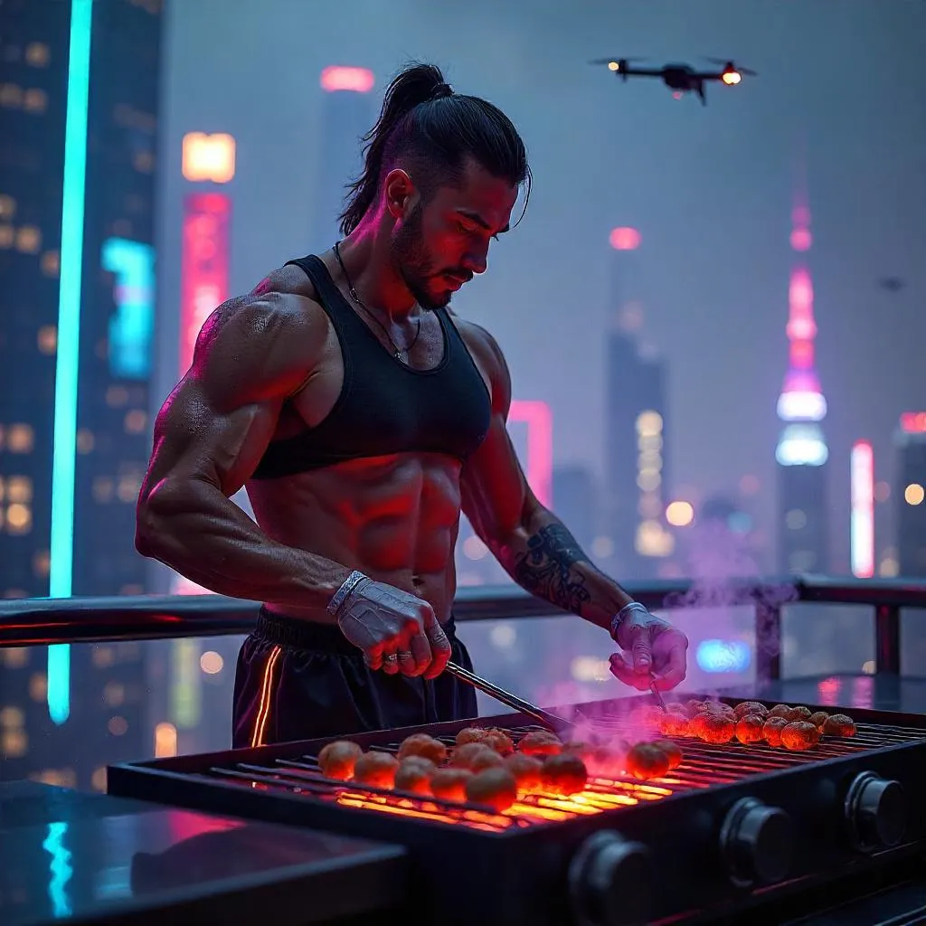 Neon Grill: Cyberpunk Athlete at Barbecue