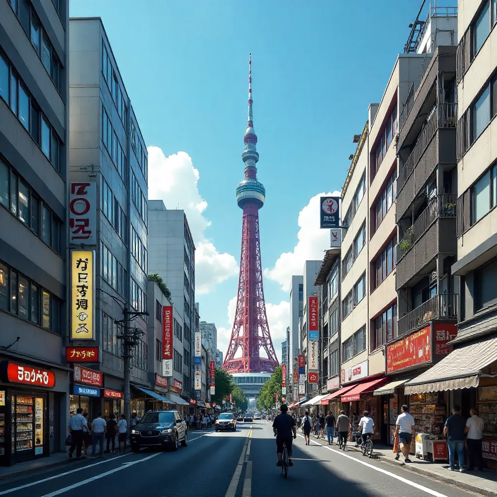 Tokyo Skytree Over Bustling Street on a Clear Day
