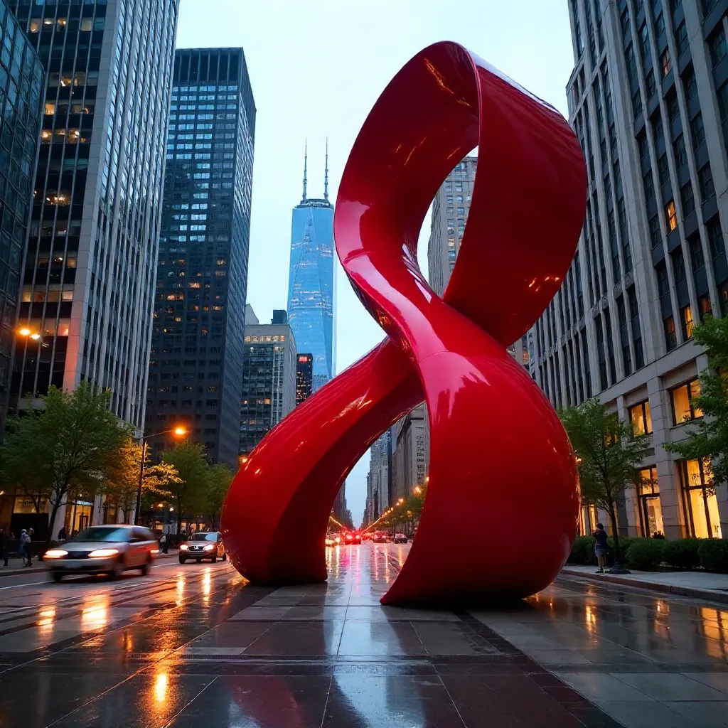 Crimson Sculpture Against Chicago Skyscrapers