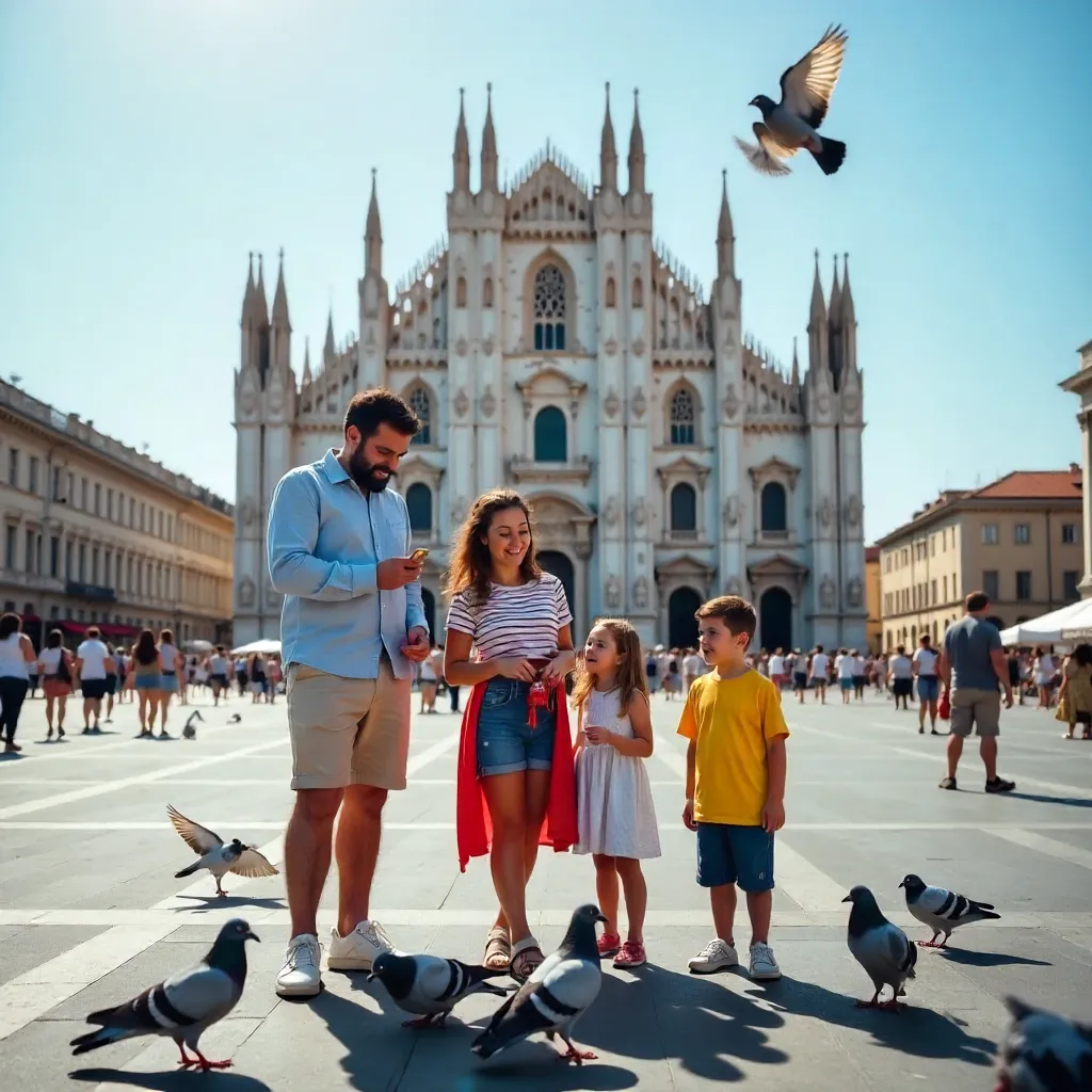 Family Feeding Pigeons at Milan's Duomo