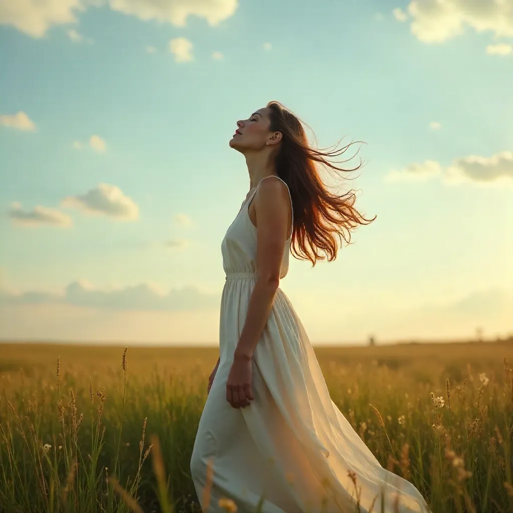 Wind-blown Serenity: Woman Gazing at the Sky