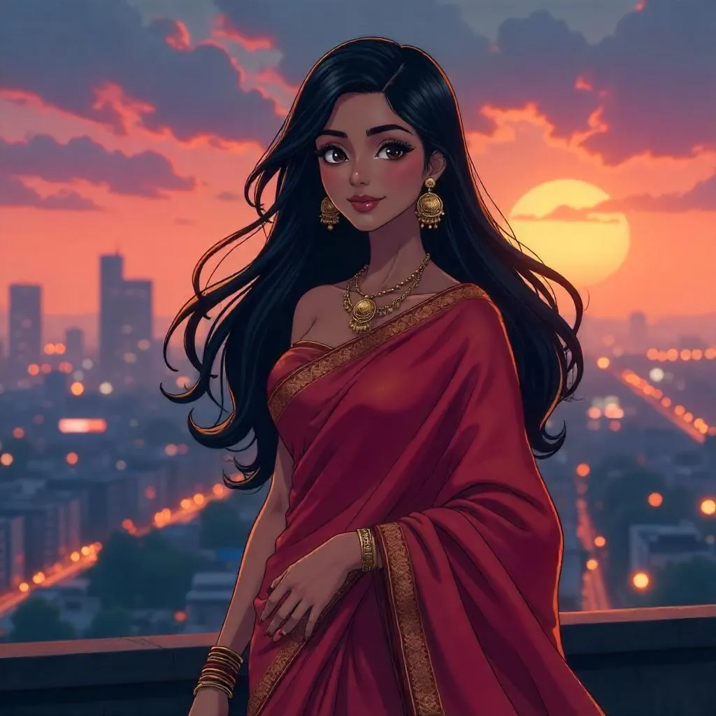 Radiant Indian Woman in Anime Style on a Rooftop at Sunset