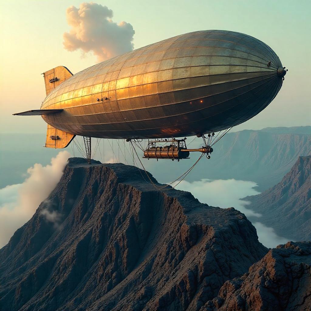 Photorealistic Airship Resting on Volcanic Rocks