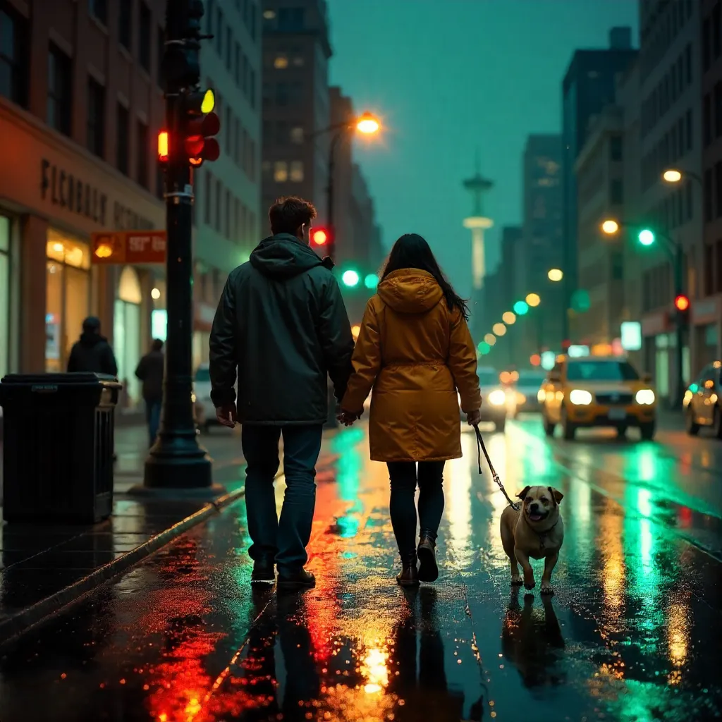 Rainy Downtown Seattle Strolling Under Neon Traffic Lights