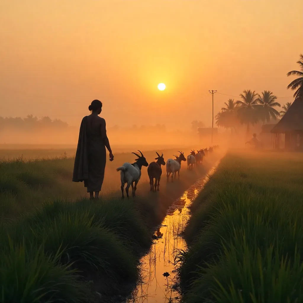 Dawn Silhouette: Woman and Goats in a Misty Bangladeshi Field