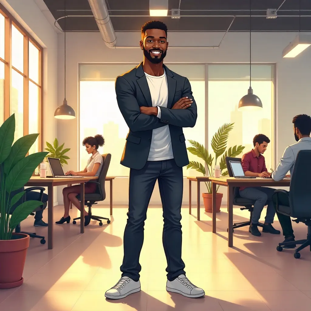 Confident Black Man in an Anime Coworking Space