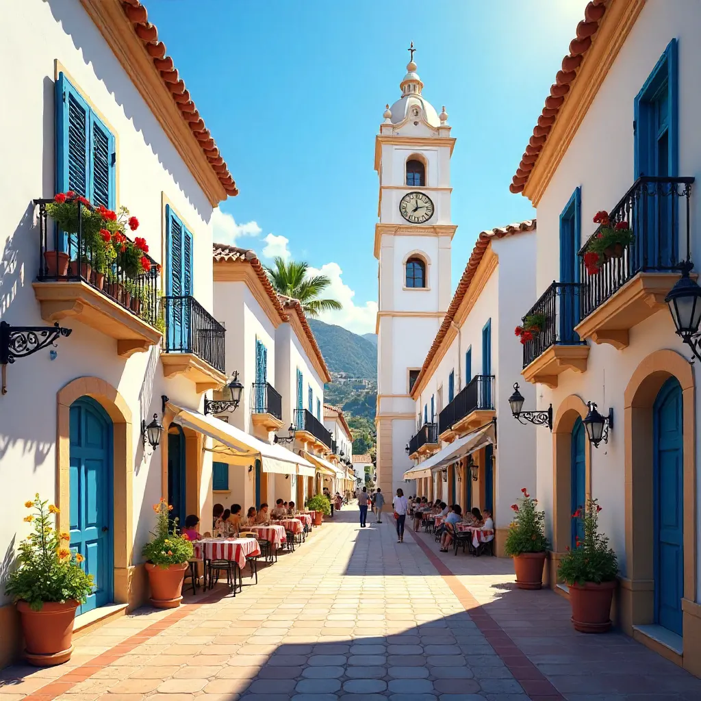 Sunny Marbella Old Town Clock Tower Scene
