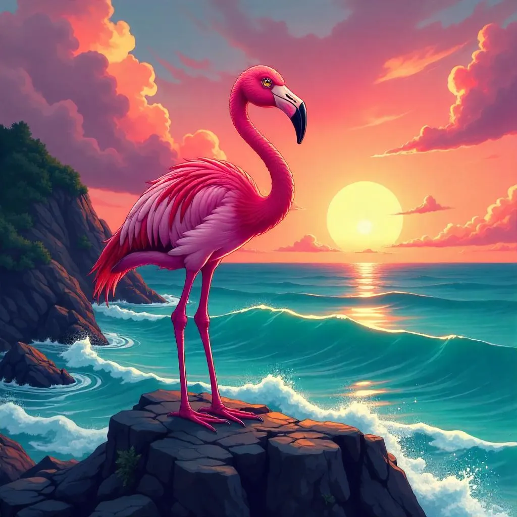 Flamingo on a Jagged Rocky Outcrop in Anime Style