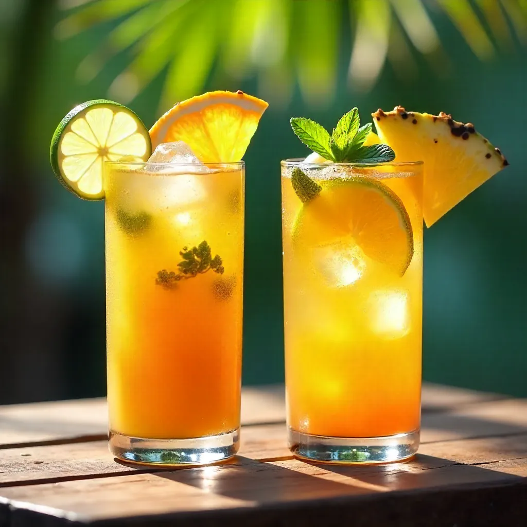 Vibrant Citrus & Tropical Drink Duet on Wood Table