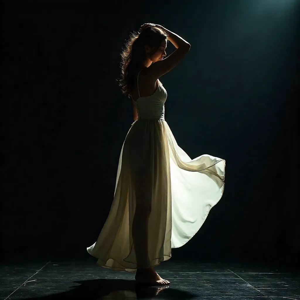 Graceful Pose in White Dress on a Dark Floor
