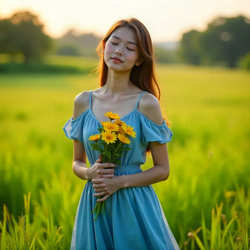 Serene Blue Dress in a Green Field with Yellow Flowers