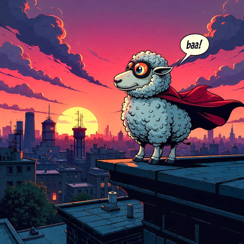 Sheep Hero on a Rooftop in Comic-Book Style