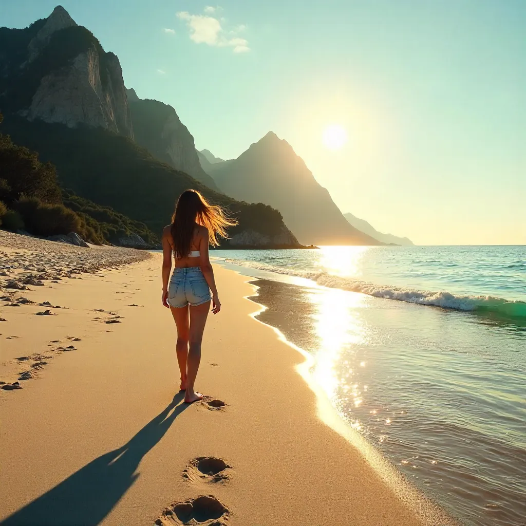 Child Walking Along a Serene Beach with Mountain Backdrop