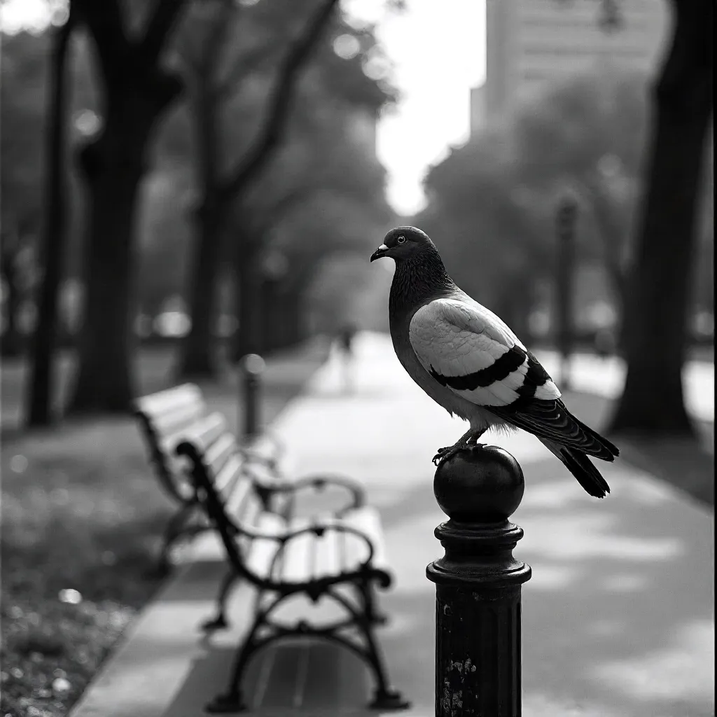 Monochrome Pigeon on a Post in Buenos Aires Park
