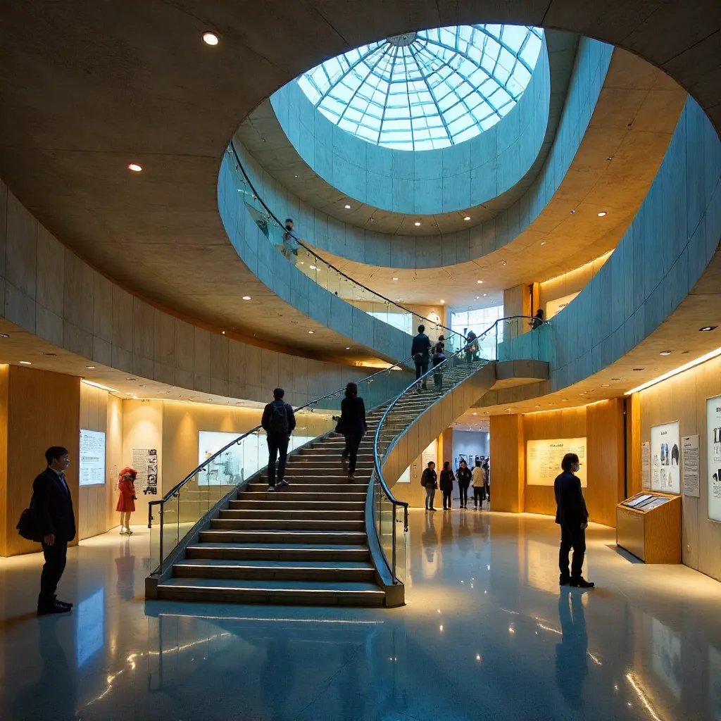 Blurred Figures on a Winding Tokyo Museum Staircase