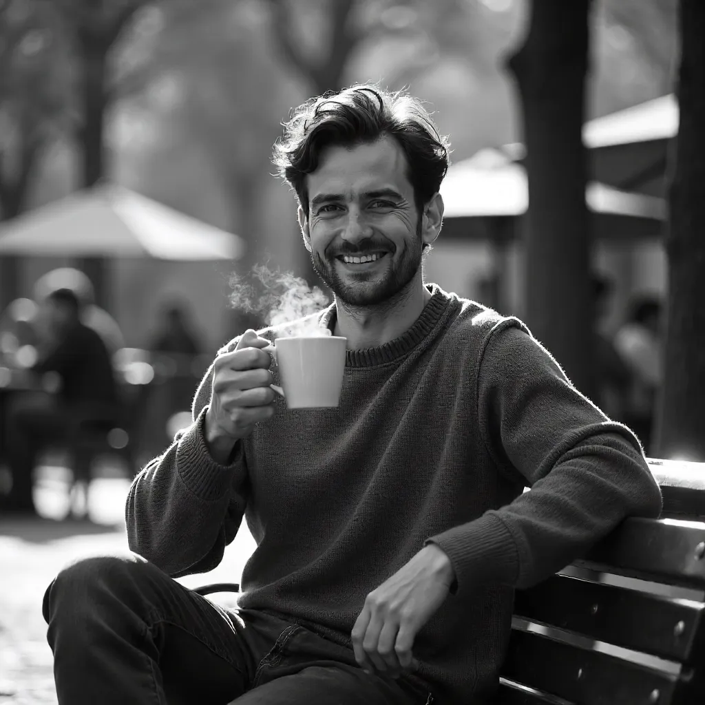 Relaxed Outdoor Black-and-White Coffee Portrait