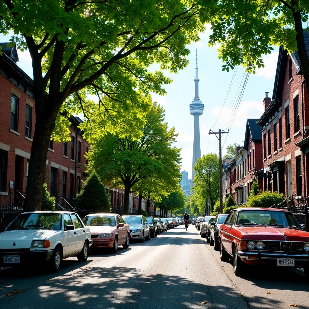 Leafy Toronto Street with CN Tower in Sunlight