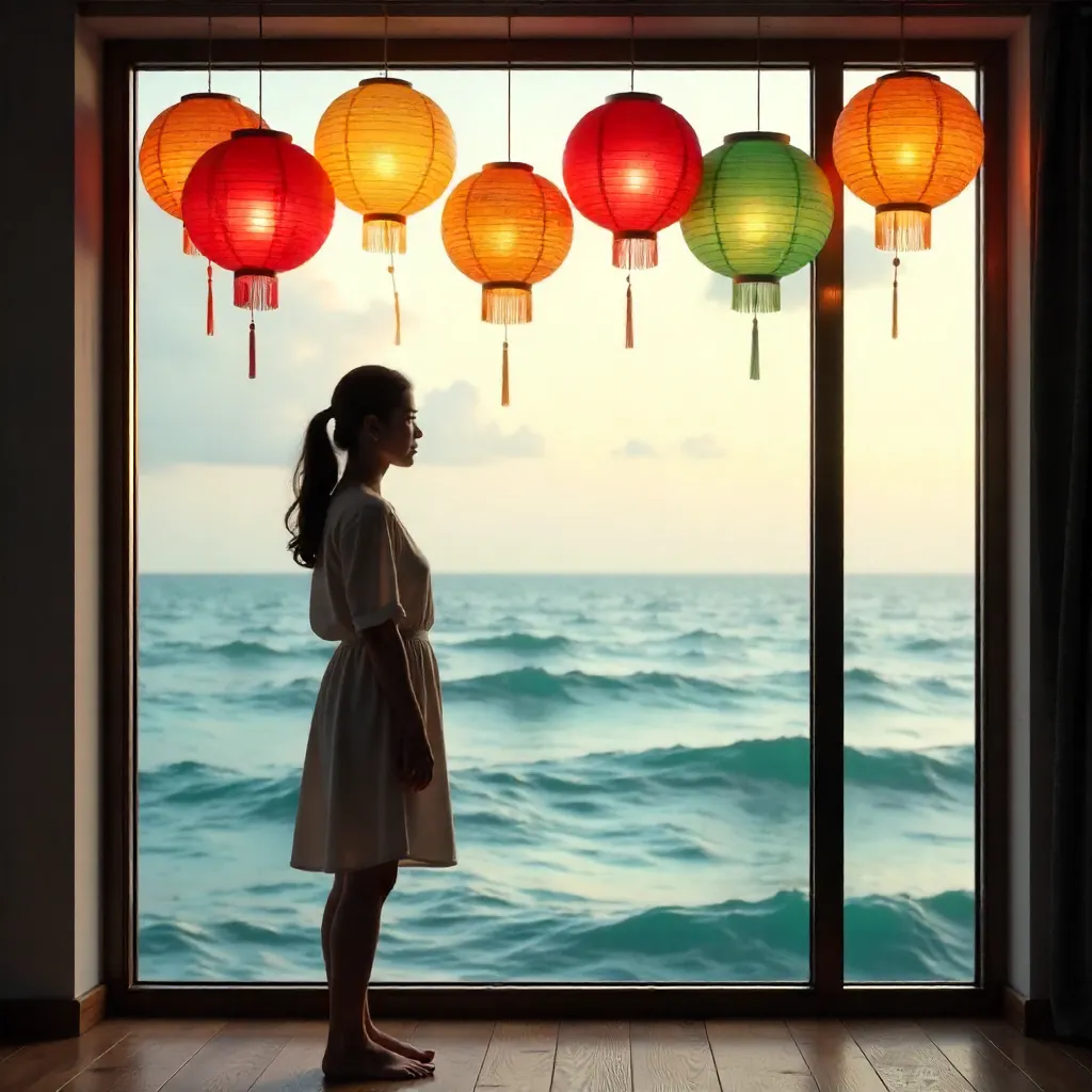 Lanterns Around a Window: Woman Gazing at the Ocean