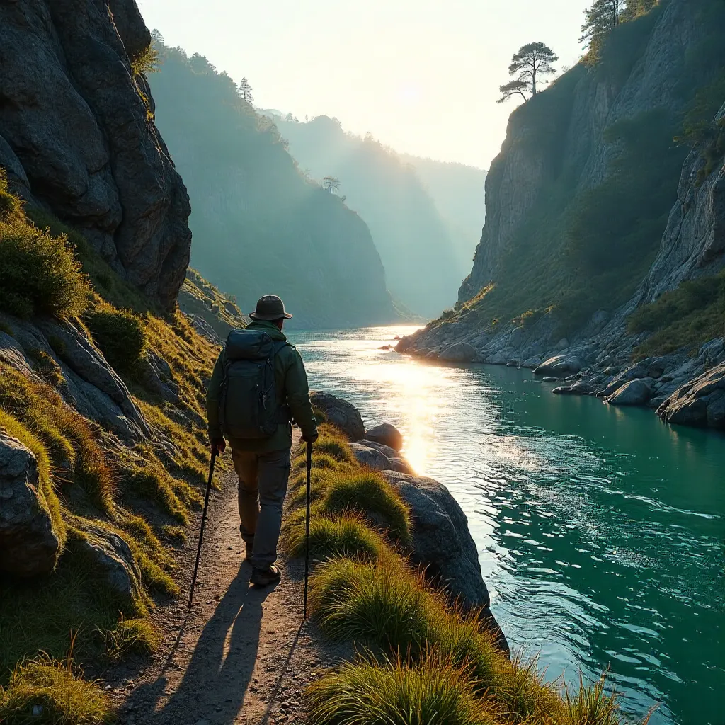 Hiker Navigating Rugged Riverbank in Arouca, Portugal