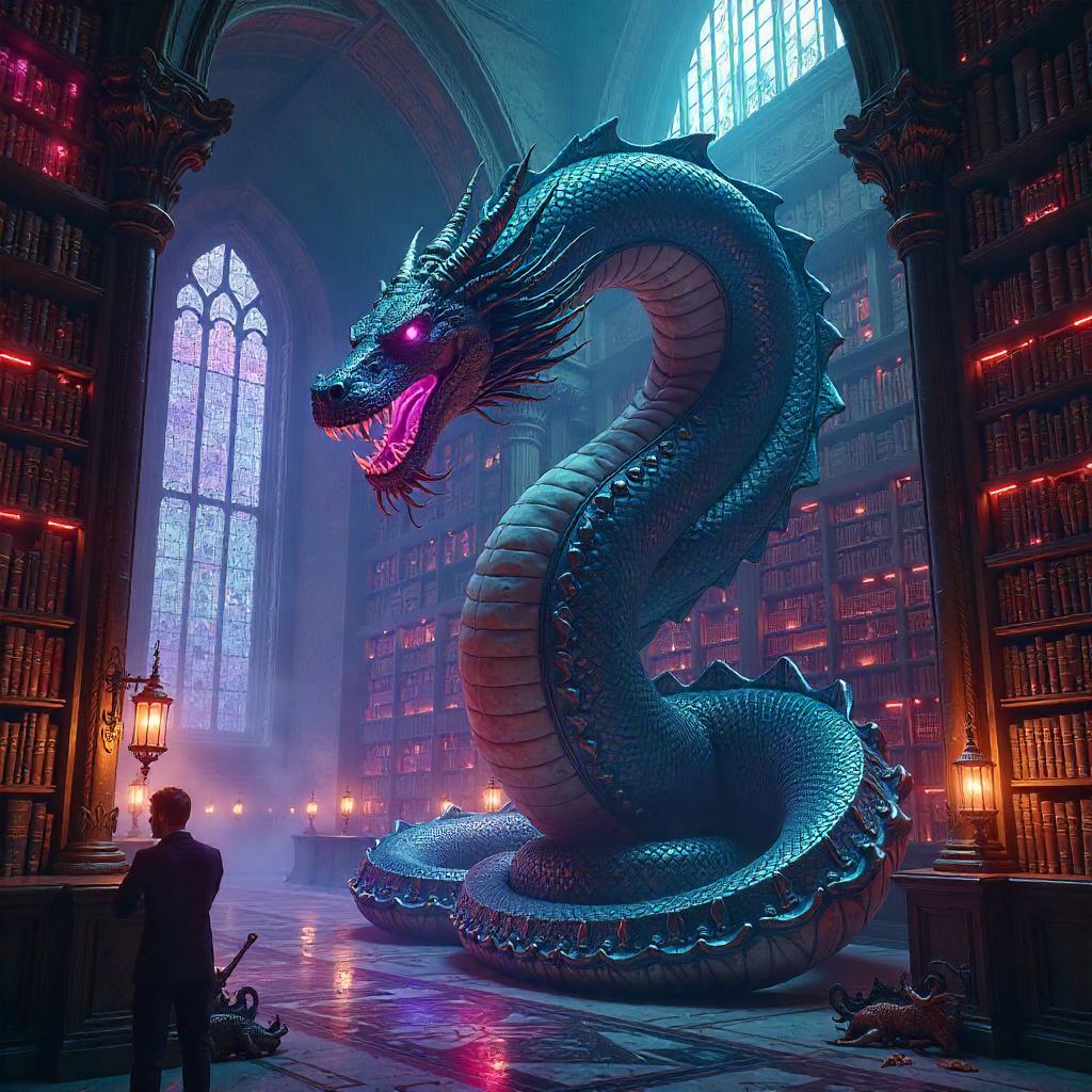 Neon Hydra in a Magical Cyberpunk Library