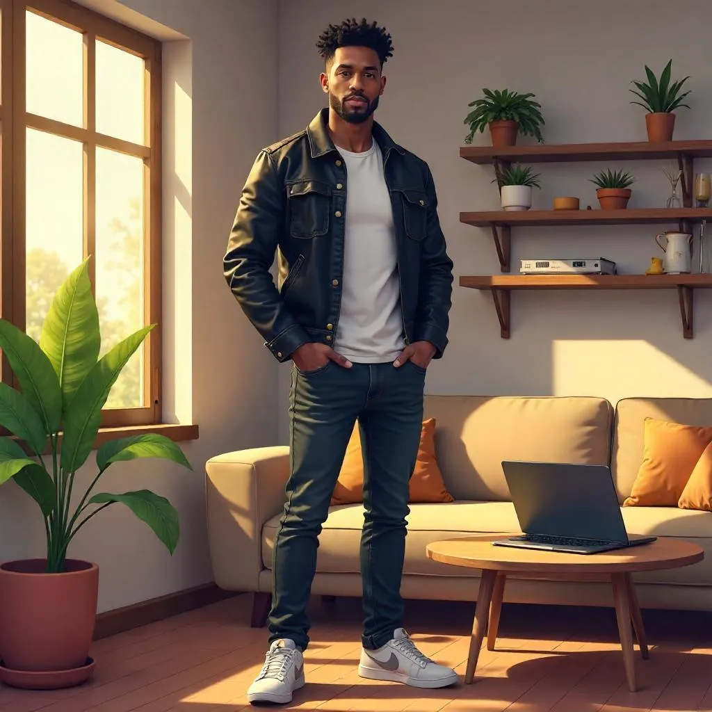 Confident Black Man in Anime Home Vibe