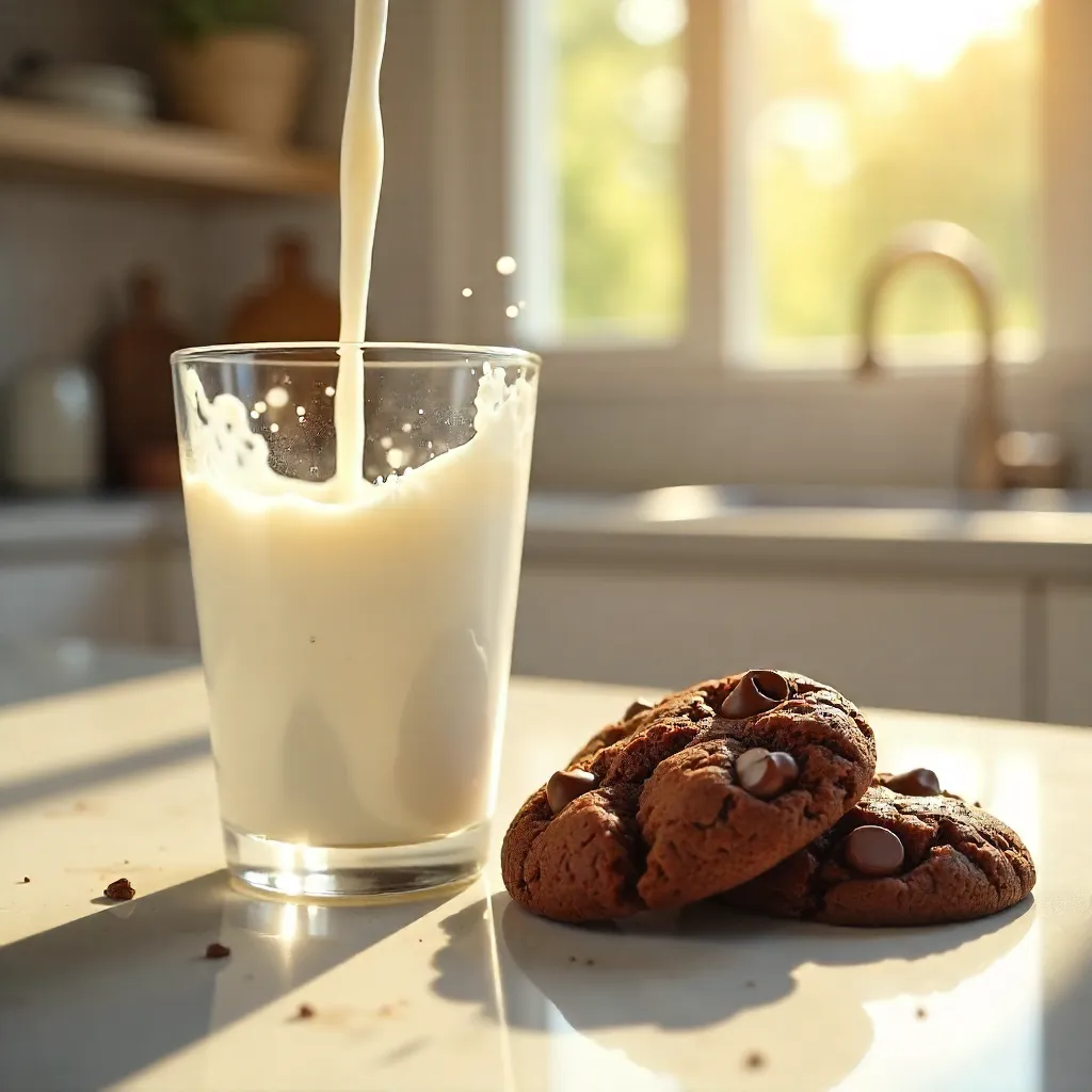 Sunlit Close-Up: Chocolate Cookies and Milk Pour