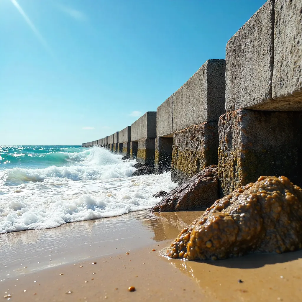 Sunlit Breakwaters: Waves Splashing on Concrete
