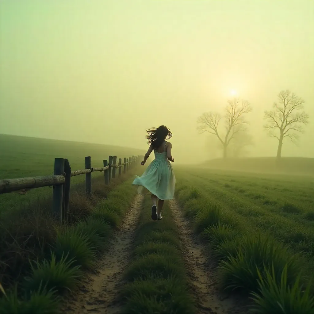 Dawn Dash: A Dress in Flight Through Foggy Fields