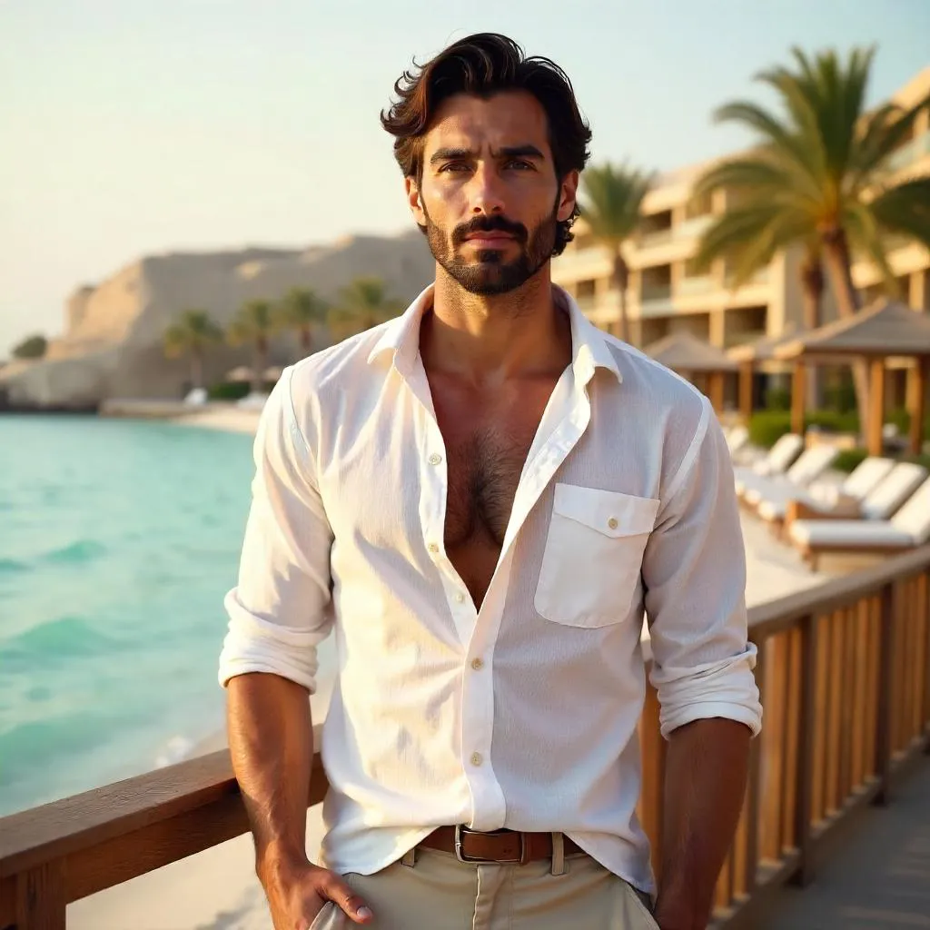 Photorealistic Middle Eastern Man at a Beach Resort