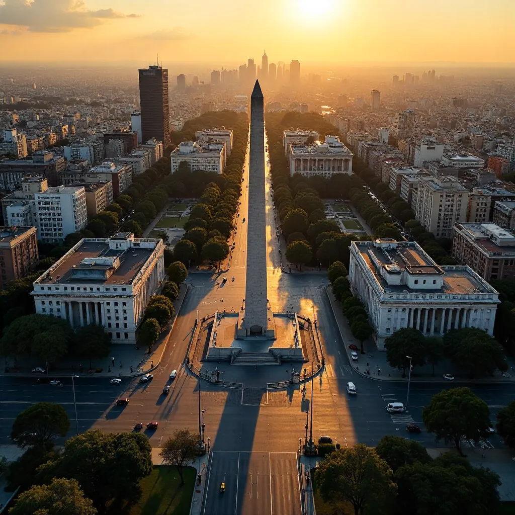 Aerial Shot: Obelisco Centered over Buenos Aires Skyline