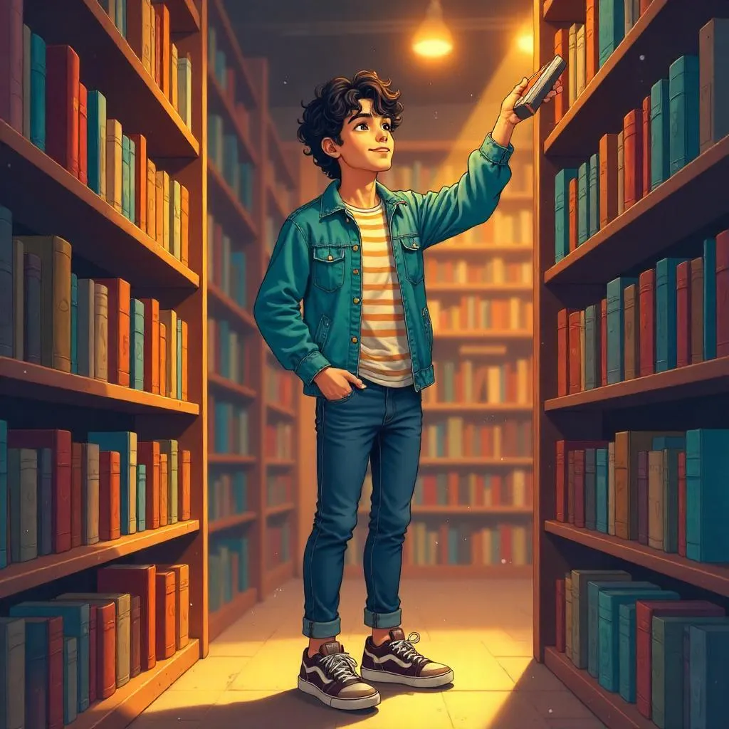 Latino Man in a Cozy Anime Bookstore