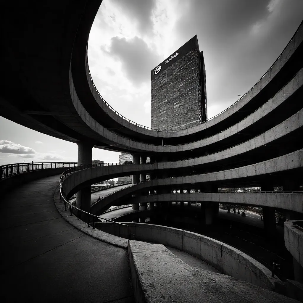 Dramatic Black-and-White: O'Hare Spiral Ramp and Hilton