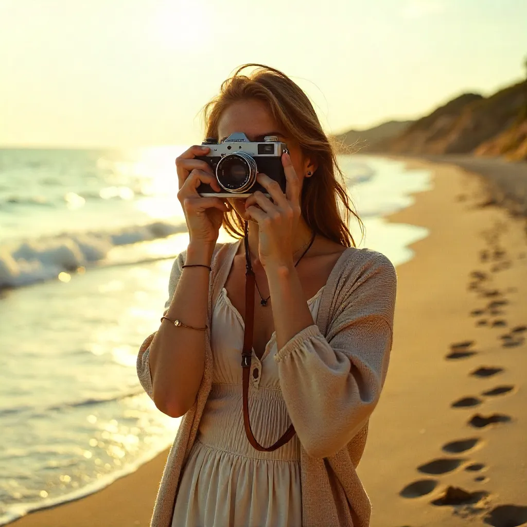 Golden Hour Beach Portrait with a Vintage Camera
