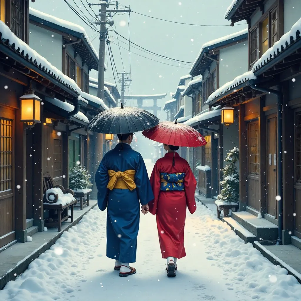 Two in Kimono Under Umbrellas on Snowy Japanese Street