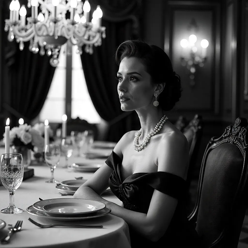 Black-and-White Portrait in a Luxurious Dining Room