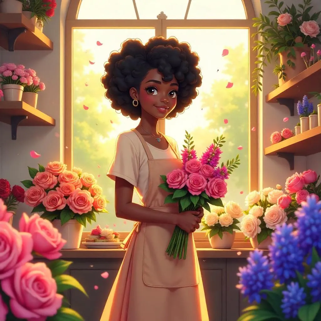 Anime Beauty in a Sunlit Flower Shop