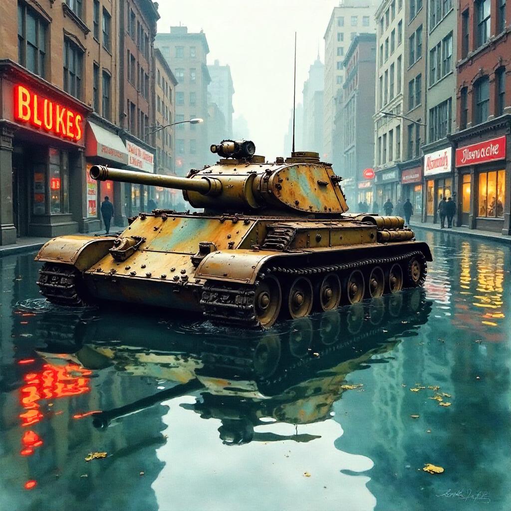 Watercolor Tank Amidst a Flooded City