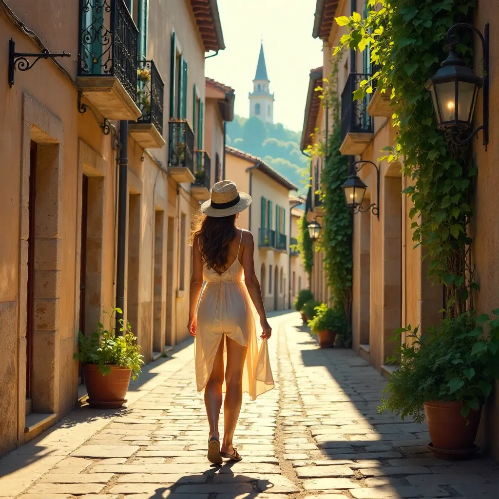 Sunlit Walk Through a Narrow European Village Street