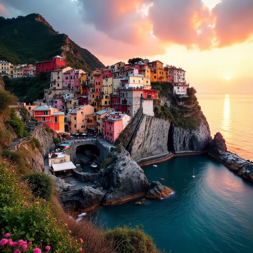 Sunset over Manarola's Colorful Cliffside Village